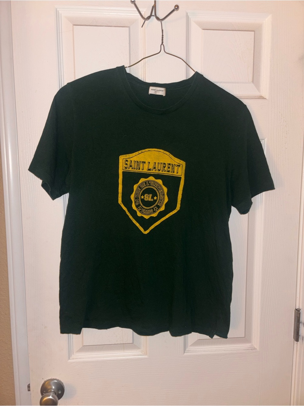 Saint Laurent Dark Green Tee with Yellow Shield Graphic